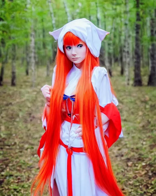 Prompt: very beautiful and cute Asuka Langley (face by Ross Tran) from neon genesis evangelion as a real slavic person dressed as a slavic priestess in holy birch forest in spring, 35mm, iPhone photo, HDR, DSLR, cinematic, trending on Instagram, 8k, 4k