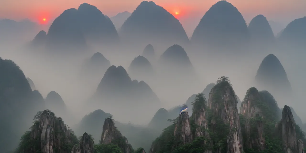 Image similar to sunset over misty huangshan's temples, artwork by archibald thorburn