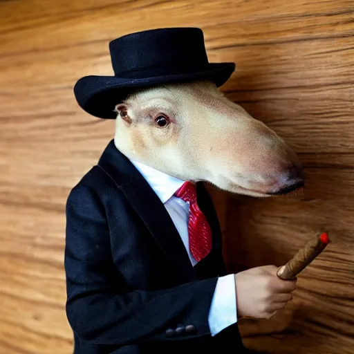 Image similar to smoking cigar, a man wearing a suit capybara head wearing a hat (smoking cigar)