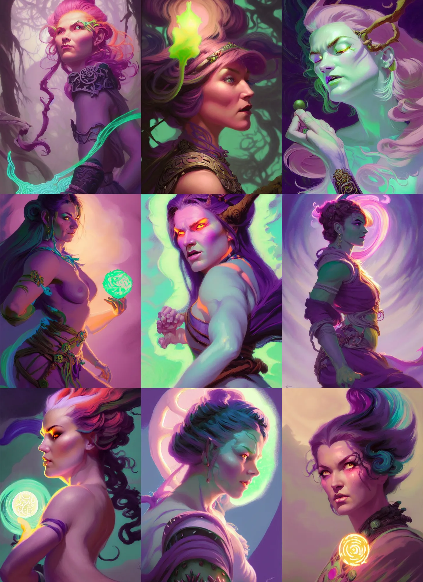 Prompt: side portrait, female half - orc forest warlock, gloomhaven, luminescent, colorful swirly magic ripples, tarot, pastel colors, by greg manchess, huang guangjian, gil elvgren, sachin teng, greg rutkowski, jesper ejsing, ilya kuvshinov