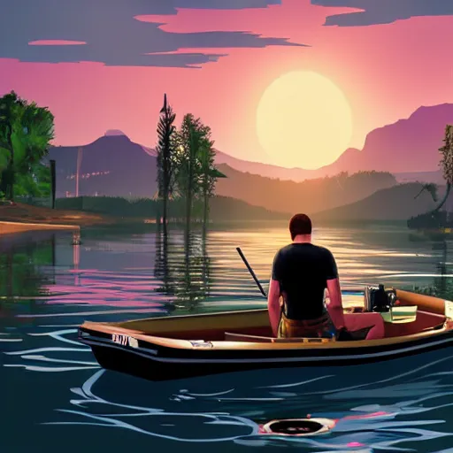 Prompt: A Grand Theft Auto 5 cover style illustration, extremely detailed featuring a river in Europe, surrounded by trees and fields. A dinghy is slowly moving through the water. Nighttime.