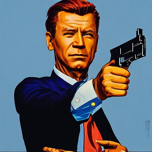 Image similar to propaganda poster of joe biden pointing gun directly at camera in james bond movie, closeup of gun, visible barrel and grip by j. c. leyendecker, bosch, lisa frank, jon mcnaughton, and beksinski