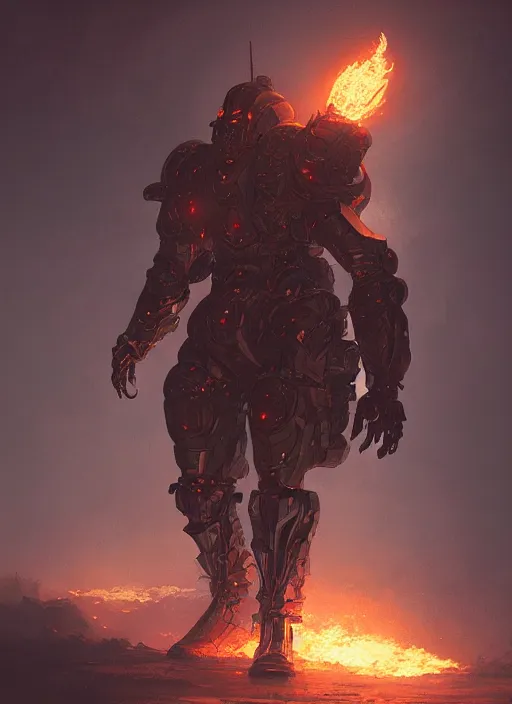 Image similar to a photorealistic dramatic hyperrealistic render of an armored fire golem by wlop, greg rutkowski, alphonse mucha, beautiful dynamic dramatic dark moody lighting, shadows, cinematic atmosphere, artstation, concept design art, octane render, 8 k