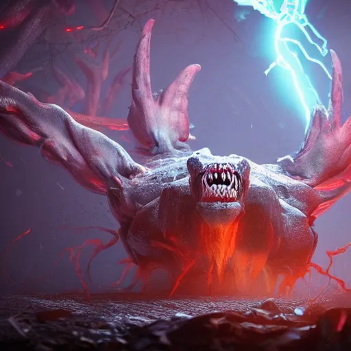 Prompt: hyper demonic evil creature from the deepest depths of hell, unreal engine, featured on artstation, vibrant, atmospheric lightning, sharp focus, detailed, intricate