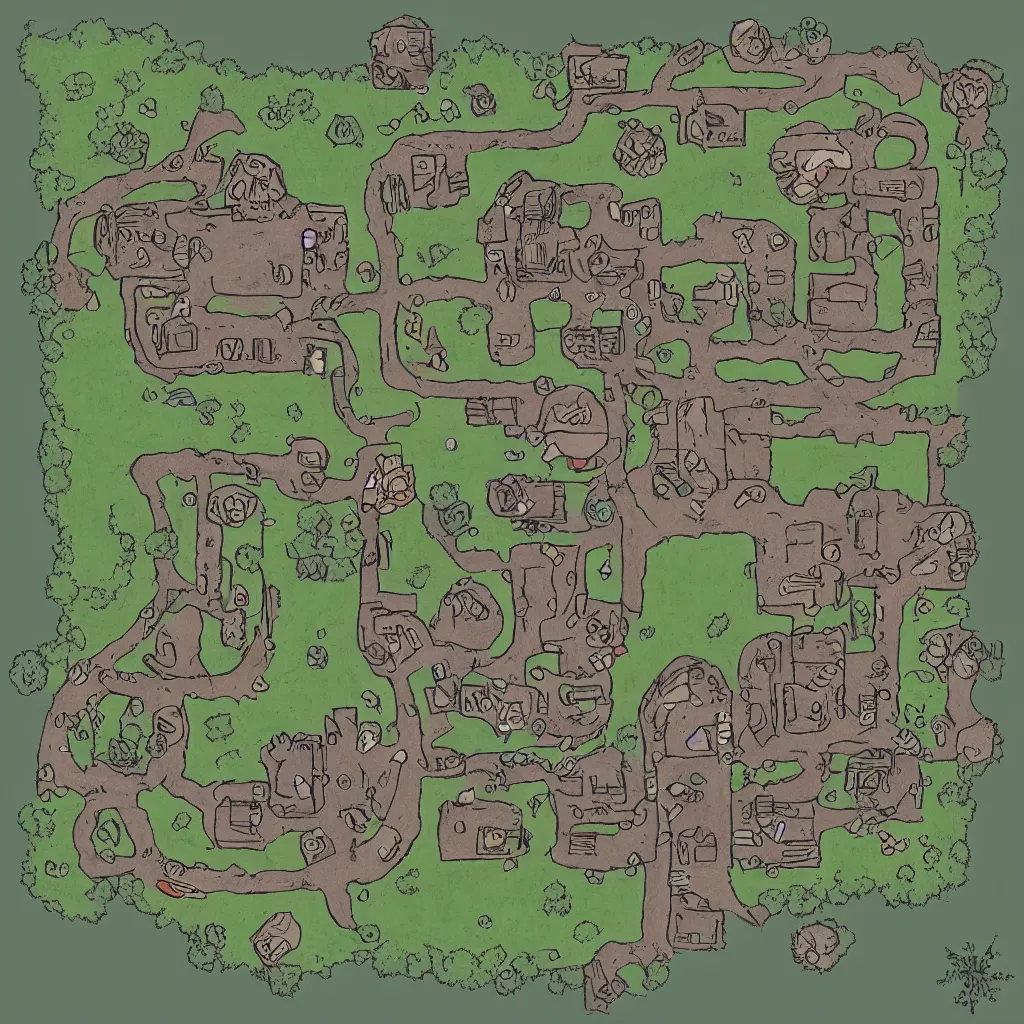 Image similar to simplistic bandit camp layout, art by allixander maps, acrylic drawing, fantasy, world, bright, clear, simple, sharpened