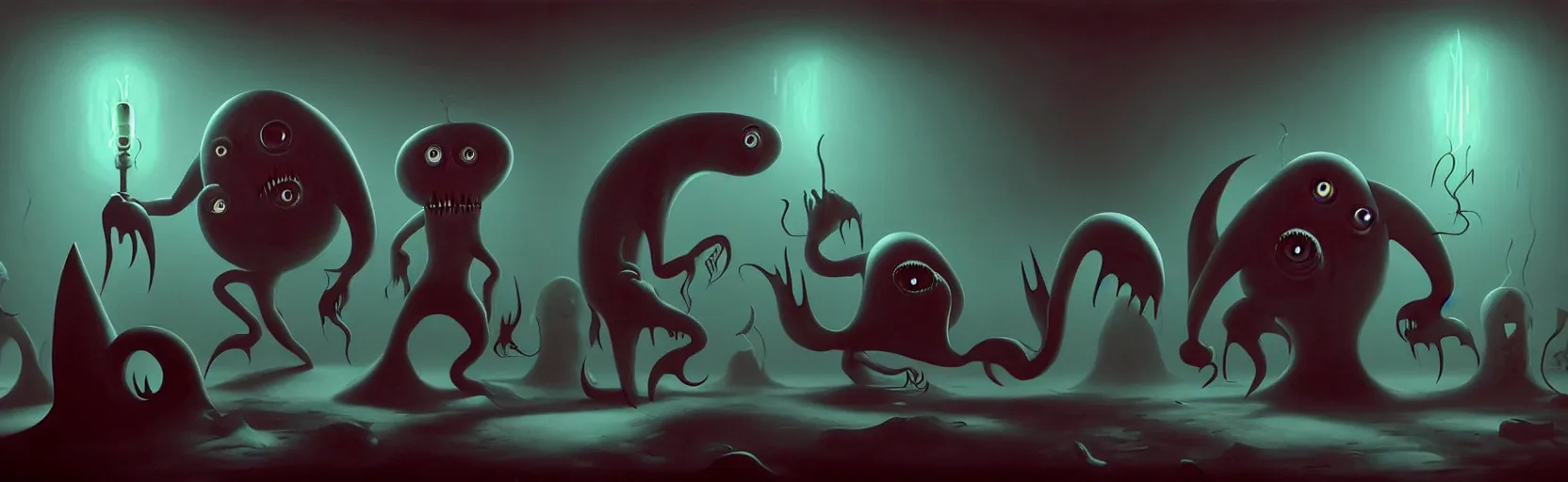 Image similar to uncanny monsters from the depths of a vast wasteland in the collective unconscious, dramatic lighting, surreal dark 1 9 3 0 s fleischer cartoon characters, surreal painting by ronny khalil