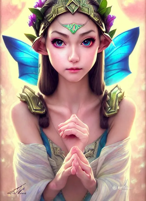 Prompt: legend of zelda great fairy, beautiful, pearlescent skin, natural beauty, seductive eyes and face, elegant girl, natural beauty, very detailed face, seductive lady, full body portrait, natural lights, photorealism, summer vibrancy, cinematic, a portrait by artgerm, rossdraws, Norman Rockwell, magali villeneuve, Gil Elvgren, Alberto Vargas, Earl Moran, Enoch Bolles