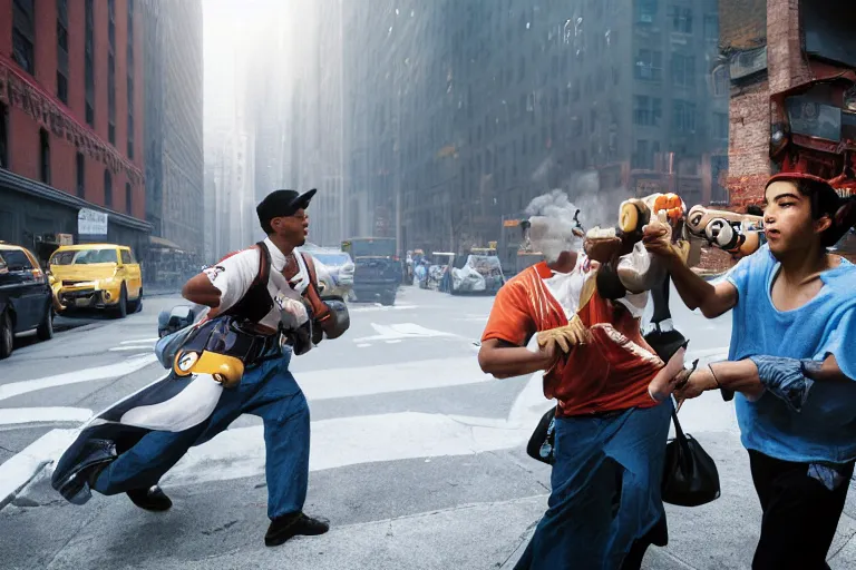 Image similar to closeup potrait of a pokemon battle in a smoky new york back street, natural light, sharp, detailed face, magazine, press, photo, Steve McCurry, David Lazar, Canon, Nikon, focus