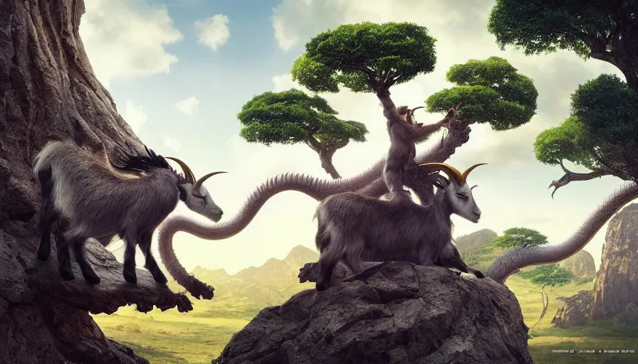 Prompt: very very small robotic goat, sitting on a gigantic dragon tree in socotra island by ilya kuvshinov, rtx rendering, octane render 1 2 8 k, maya, extreme high intricate details by tom bagshaw, medium shot, close up shot, composition by sana takeda, lighting by greg rutkowski