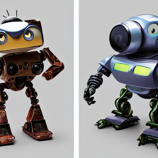 Image similar to two small chubby bots, colourful, smooth panelling,, intricate detail, pushing a battery, style of cute pokemon, with damaged rusty arms, broken antenna, recycled, floating, white studio, oil, mechanical, cute toy, wall - e, ambient light, in the style of pixar animation, pokedstudios, hyperdetailed, blender, octane render, 8 k,