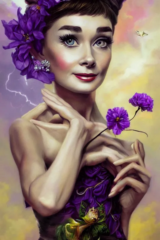 Prompt: closeup portrait fine art photo of the beauty audrey hepburn, perfect eyes, she has a crown of stunning flowers and dress of purple and gold satin and gemstones, background full of stormy clouds, by peter mohrbacher