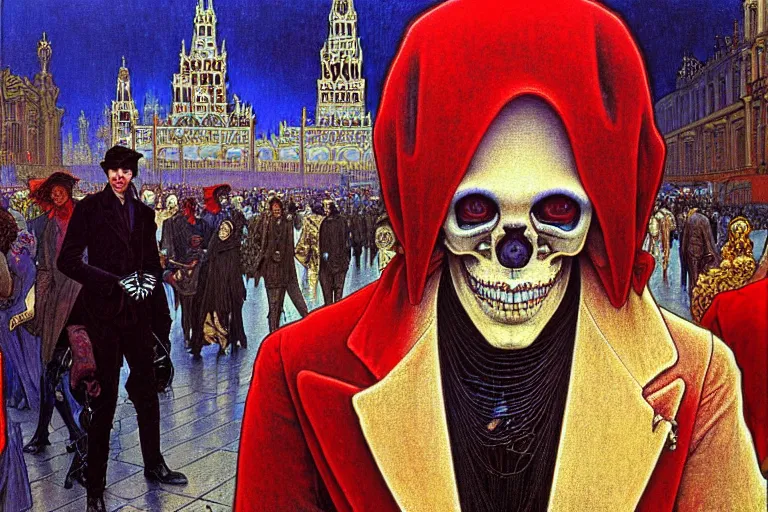 Image similar to realistic detailed closeup portrait painting of a single skeleton wearing crimson velvet blazer in a crowded futuristic moscow street by Jean Delville, Amano, Yves Tanguy, Alphonse Mucha, Ernst Haeckel, Ilya Repin, Edward Robert Hughes, Andrei Tarkovsky, Roger Dean, rich moody colours, blue eyes