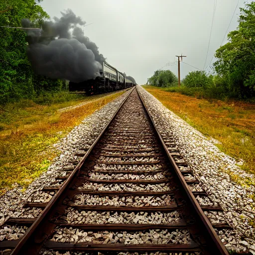 Prompt: train with 4 cars, full frame, eerie