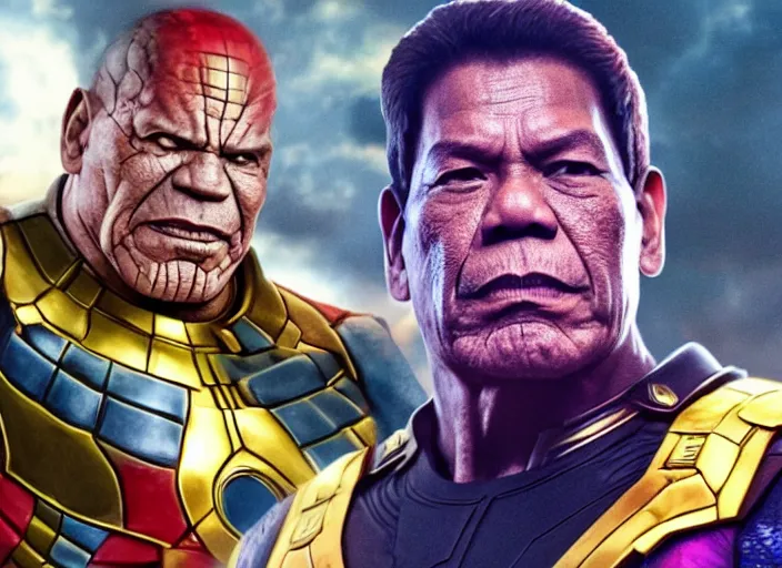 Prompt: rodrigo duterte staring down thanos, real life photograph, award winning photograph, 4 k