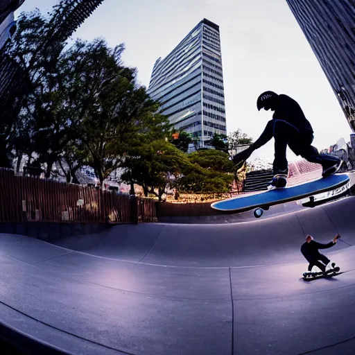Image similar to fisheye lens photo of a skateboarder in Tokyo, night time, 8k, cinematic