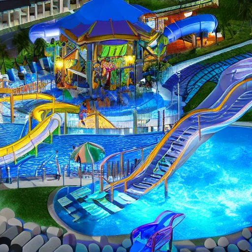 Prompt: waterpark photorealistic, render, lighting, night, party
