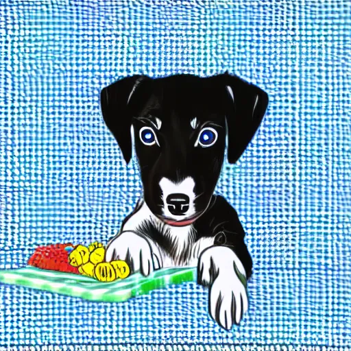 Image similar to blue 3 eyed puppy sitting on picnic blanket in the style of pop art