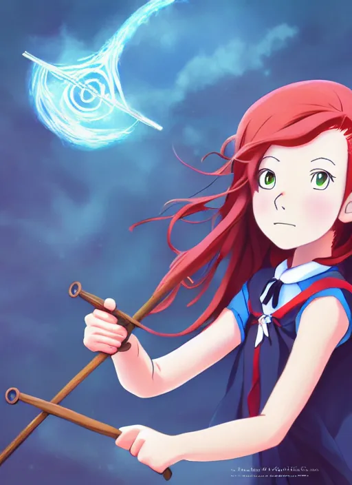 Image similar to redhead holding witch wand, advertising photoshoot, magic school academia, by studio ghibli, elegant, beautiful, digital art, trending on artstation, highly detailed, illustration, concept art, masterpiece