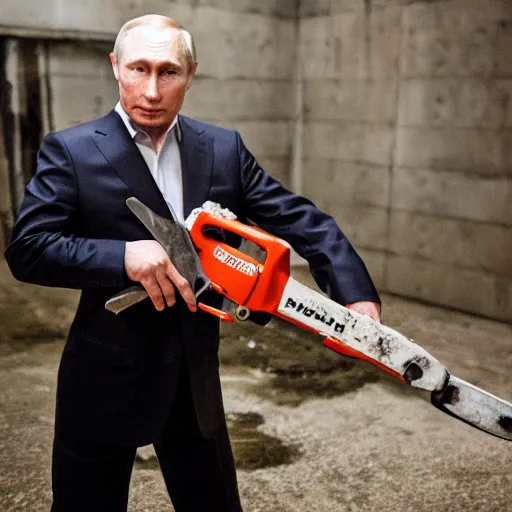 Image similar to putin with a chainsaw. in a concrete bunker with a pile of corpses. focus on putins face with blood splatters. canon eos r 3, f / 1. 4, iso 1 6 0 0, 1 / 8 0 s, 8 k, raw, grainy