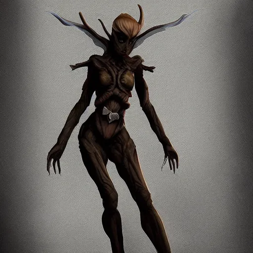 Image similar to female elf, tree person, dynamic pose, elongated legs, long fingers, talons, terrifying, dark, fog, artstation