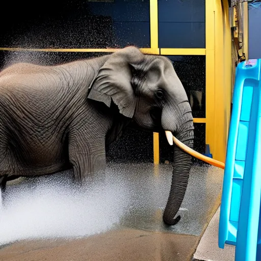 Prompt: an elephant in a car wash