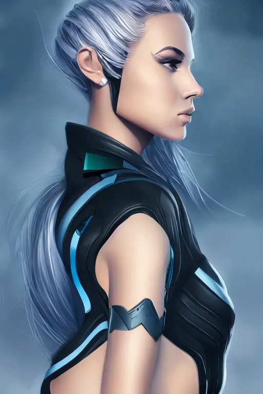 Image similar to a stunning upper body portrait of a beautiful young woman wearing futuristic deep black battle bodyarmor with ombre navy blue teal hairstyle blowing in the wind by marvel comics, digital art, trending on artstation