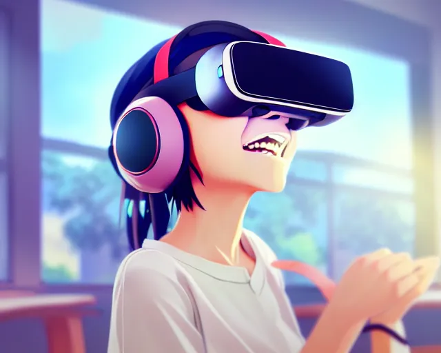 Image similar to anime fine details portrait of joyful girl in vr headset in school, bokeh. anime masterpiece by Studio Ghibli. 8k render, sharp high quality anime illustration in style of Ghibli, artstation