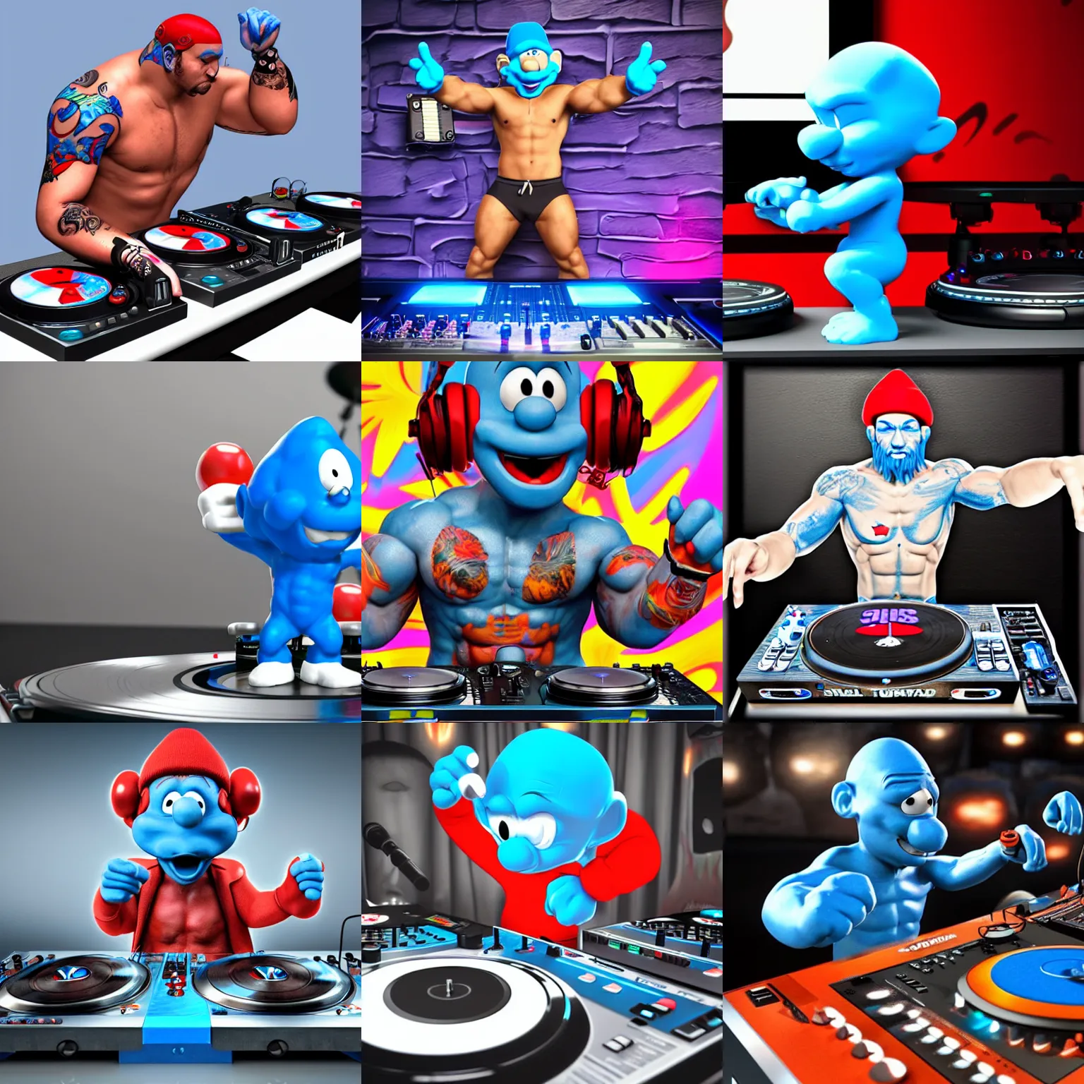 Prompt: 3d rendered muscular smurf with tattoos DJing with DJ turntables, unreal