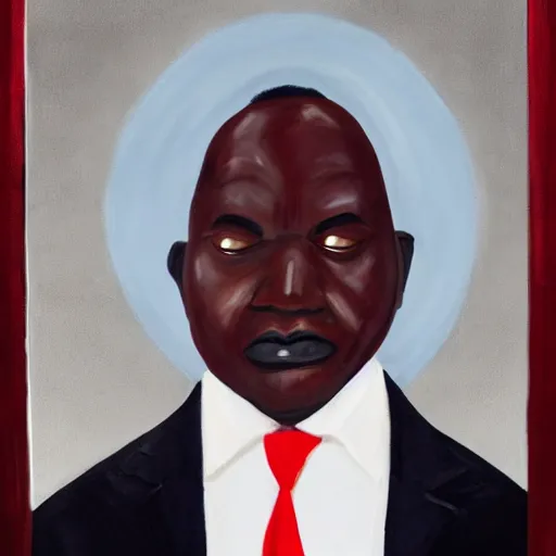 Image similar to a painting of a loving, caring fatherly wide forehead, aquiline nose, round face, XXL , generous, ever-present, humble, wise elder from Kenya in a silver suit and red tie by Kara Walker . Fatherly/daddy, focused, loving, leader, relaxed. Gold background, heavenly lights, details, smooth, sharp focus, illustration, realistic, cinematic, artstation, award winning, rgb , unreal engine, octane render, cinematic light, macro, depth of field, blur, light and clouds, highly detailed epic cinematic concept art CG render made in Maya, Blender and Photoshop, octane render, excellent composition, dynamic dramatic cinematic lighting, aesthetic, very inspirational, arthouse.