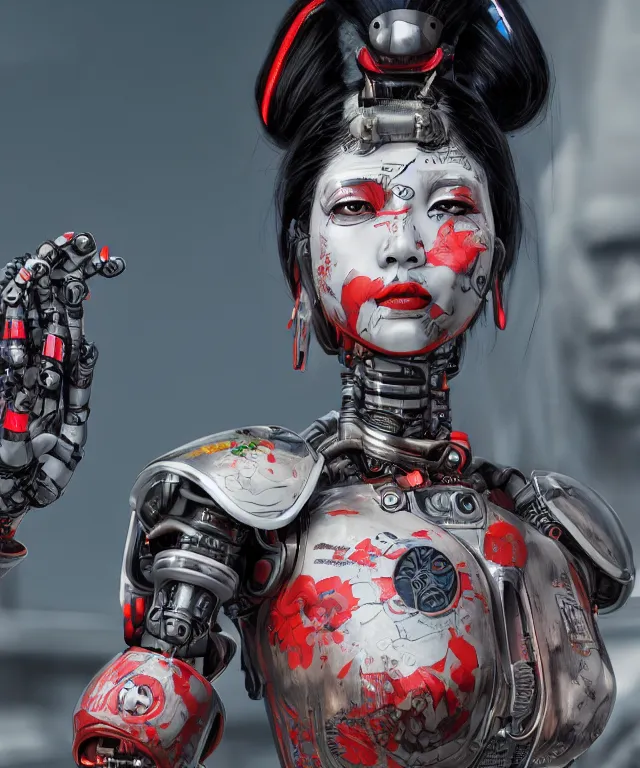 Image similar to an epic fantastic realism comic book style portrait painting of a japanese robotic geisha with kanji tattoos and decals, apex legends, octane render, intricate detail, 4 k hd, unreal engine 5, ex machina, irobot