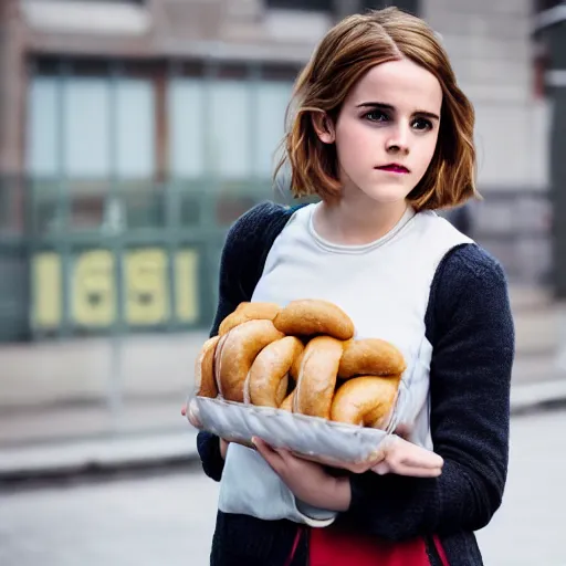 Prompt: photo of cute emma watson as schoolgirl, holding mesh bag with bagels, street of moscow, shallow depth of field, cinematic, 8 0 mm, f 1. 8