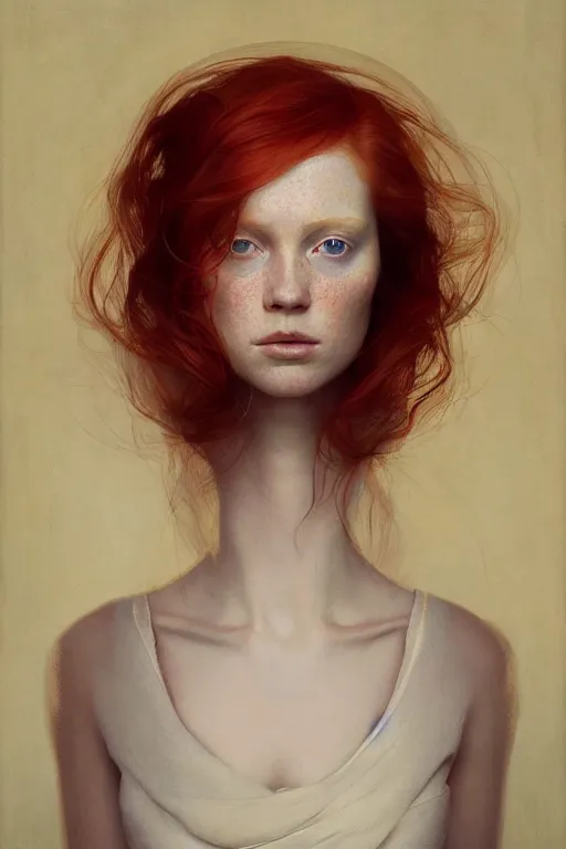 Image similar to of beautiful redhead female, beauty portrait by greg rutkowski, hilma af klint, moebius, victo ngai, sharp focus, global illumination, highly detailed, masterpiece, award winning, post processing