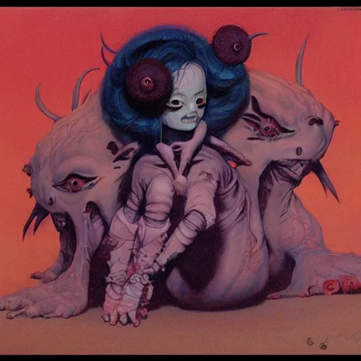Prompt: original jean giraud art painting pastel goth aesthetic, creepy kawaii, psychedelic, matte painting, claire wendling