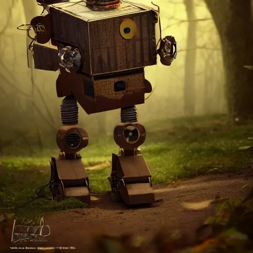 Image similar to a steampunk robot made of a cardboard box, crayon face, walking through the forest, dof, cinematic lighting, hyperrealistic, extremely detailed, 8k, artstation,