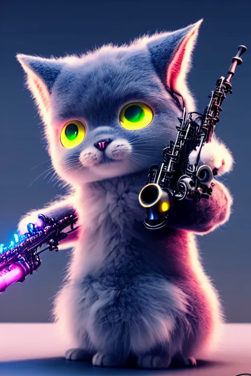 Image similar to high quality 3 d render very cute fluffy cyborg! cat plays saxophone, cyberpunk highly detailed, unreal engine cinematic smooth, in the style of blade runner & detective pikachu, hannah yata charlie immer, moody light, low angle, uhd 8 k, sharp focus