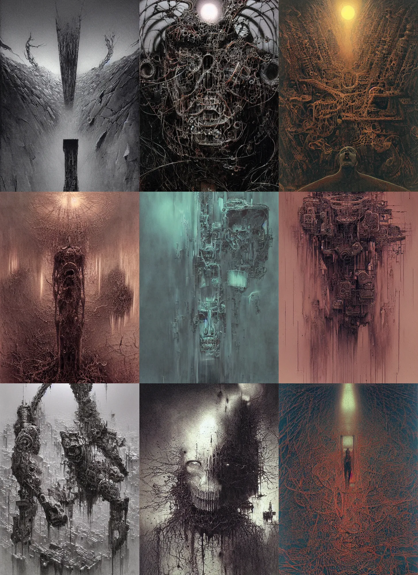 Prompt: machinic desire, Nick Land\'s abstract philosophical concept illustrated by James Gurney and Zdislaw Beksinski in omnious, menacing, dark, hyperdetailed aesthetic