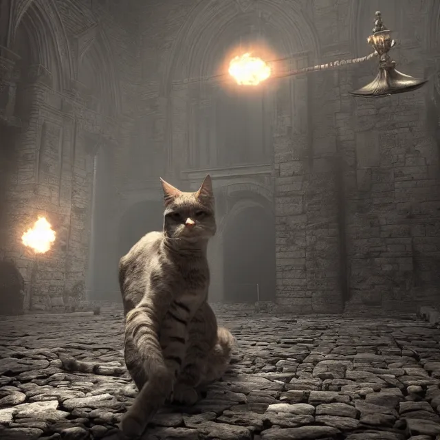 Image similar to a cat boss in dark souls, volumetric, realistic, cinematic lighting, ray tracing, unreal engine 5, unreal engine render, octane render, hyper realistic, photo, 8 k