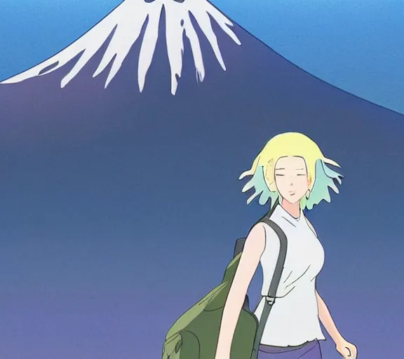 Prompt: beautiful silver hair young woman walking up Mount Fuji in the style of studio ghibli and manga