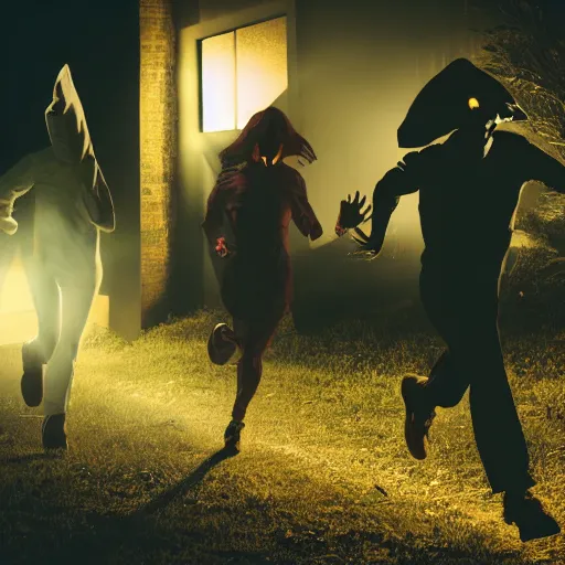 Image similar to cinematic lighting photograph of proffesional Ghost hunters running away from a person wearing a haloween ghost costume chasing them