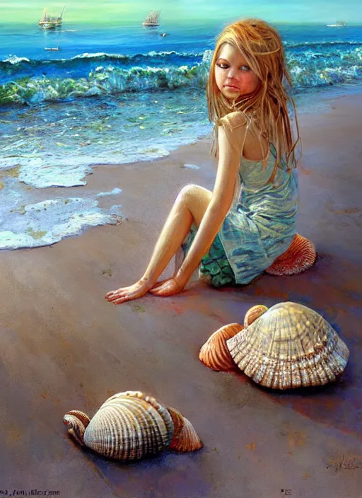 Image similar to she sells sea shells by the sea shore; painting by Jon foster.