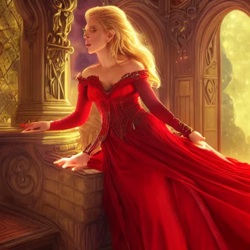 Prompt: A picture of Scarlett Johansson as and elf, in a red dress, D&D, fantasy, intricate, elegant, highly detailed, digital painting, artstation, concept art, matte, sharp focus, illustration, art by Artgerm and Greg Rutkowski and Alphonse Mucha