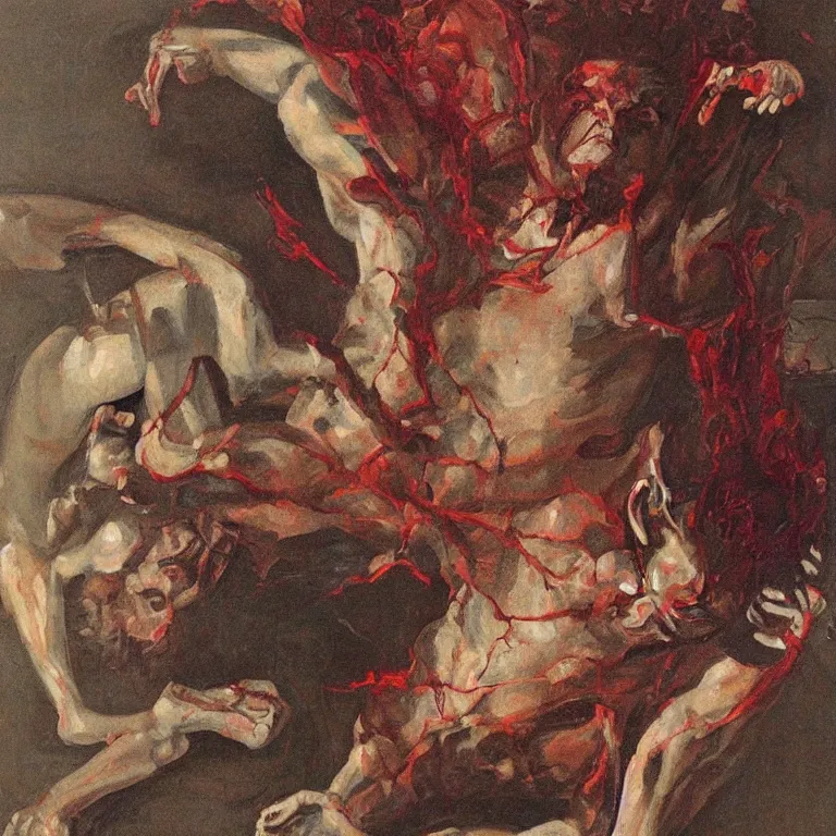 Image similar to raw, unsettling portrait of Dionysus, the Greek god of wine, tearing out his heart by 20th-century artist Francis Bacon