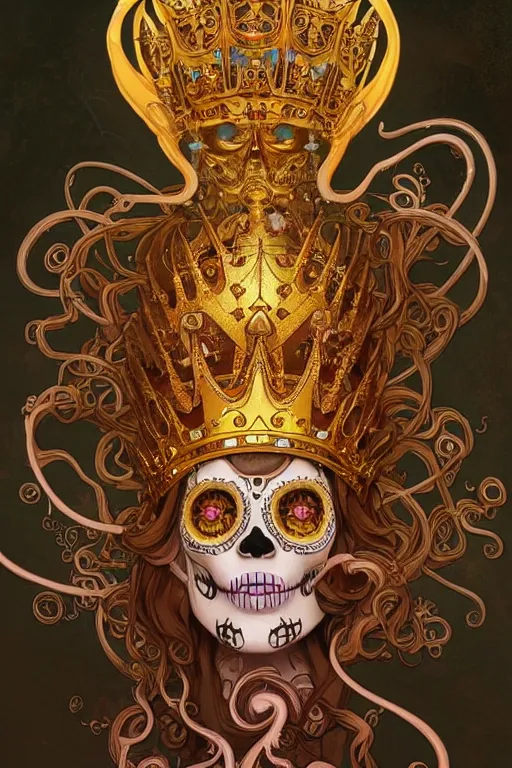 Image similar to sugar skull, a golden crown floating above his head, tentacles coming out the ground art by Artgerm and Greg Rutkowski and Alphonse Mucha and Craig Mullins and James Jean and Andrei Riabovitchev and Marc Simonetti and peter mohrbacher, sharp focus, ominous, cosmic horror, trending on artstation, Ultra detailed, hyper realistic 4k