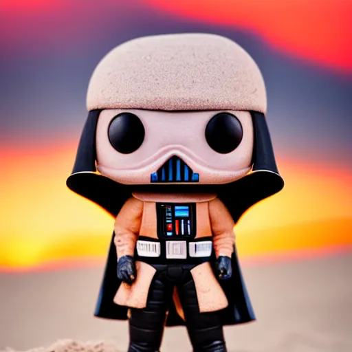 Prompt: a funko pop of darh vader buried in the sand, with sunset, macro photo, realistic photo, well detailed, 8k