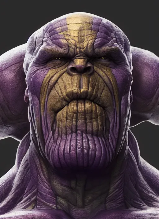 Image similar to thanos, au naturel, hyper detailed, digital art, trending in artstation, cinematic lighting, studio quality, smooth render, unreal engine 5 rendered, octane rendered, art style by klimt and nixeu and ian sprigger and wlop and krenz cushart