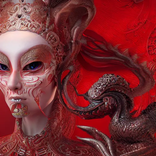 Prompt: The red alien lady, intricated traditional Chinese textures, rococo decorations, hyper detail, Unreal engine,Octane render, by Karol Bak