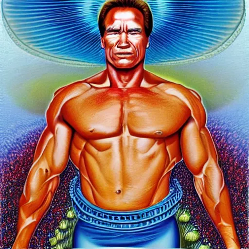 Prompt: schwarzenegger by alex grey