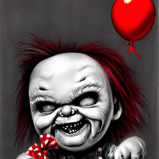 Image similar to surrealism grunge cartoon portrait sketch of chucky with a wide smile and a red balloon by - michael karcz, loony toons style, freddy krueger style, horror theme, detailed, elegant, intricate