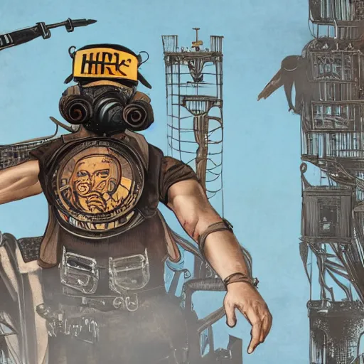 Image similar to Illustrated by Shepard Fairey and H.R. Geiger | Steampunk Mad Max with VR helmet, surrounded by cables