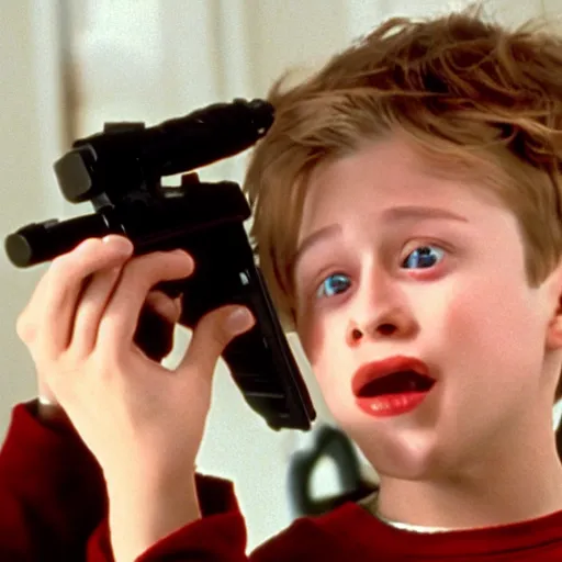 Prompt: kevin from home alone movie pointing gun at his head 4k still shot from